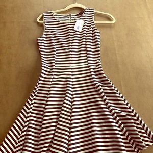 White/black striped knit flared dress